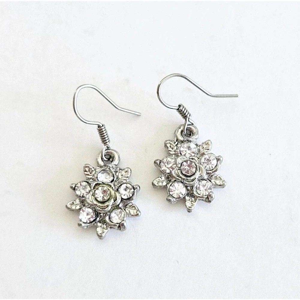 Floral Rhinestone Dangle Earrings Sparkly Silvertone Flower Dainty Feminine NEW